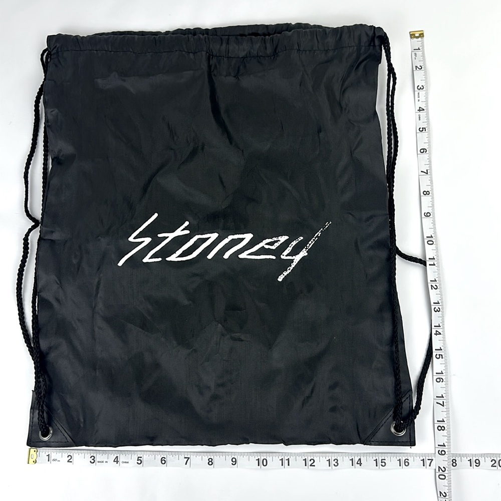 Post Malone Stoney Cinch Style Backpack. Black with Stoney Logo.